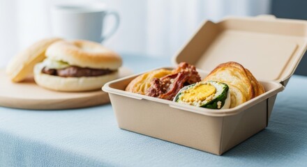 Breakfast foods present appetizing meal in kitchen