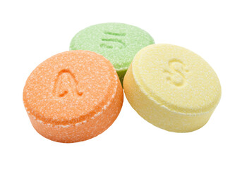 Isolated vitamin C fruit flavored chewable tablets, orange, green, yellow, nutrients, dietary supplement