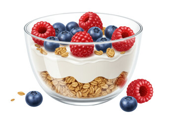 Isolated Parfait glass with fruit, fresh berries and granola, healthy breakfast food