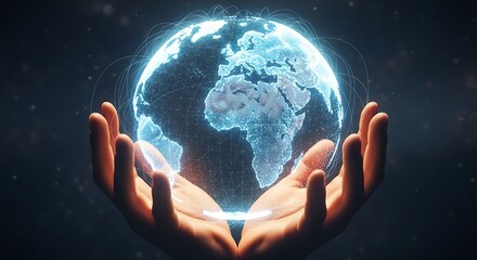Hands cradling a glowing digital Earth
