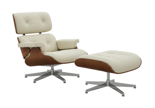 Isolated modern design chair and ottoman with leather cushions for relaxing or office work