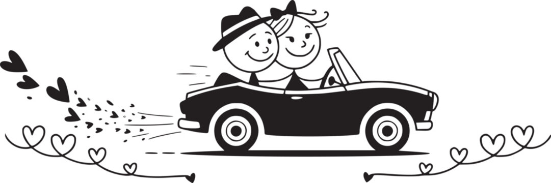 Romantic Getaway Car: A loving couple joyfully ride off in a classic convertible car, trails of charming hearts creating a delightful scene, showcasing love and happiness with a touch of whimsy.