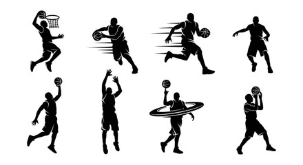 Basketball Players in Action, Silhouette Illustrations, Dynamic Sports Figures