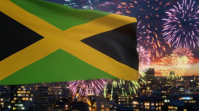 Jamaican flag independence day with gold cross, green and black triangles waving over city skyline with fireworks, symbolizing national pride and celebration.