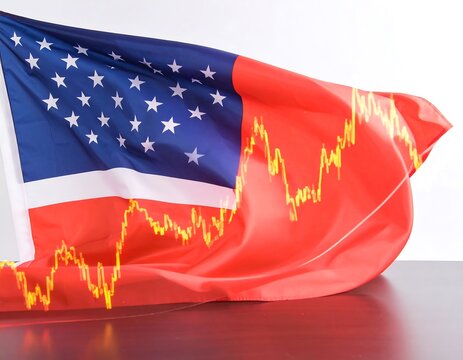 US and China flags with stock market graph