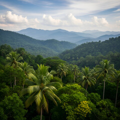 Fototapeta premium Lush Green Tropical Forest Landscape with Distant Mountain Range.