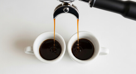 Obraz premium Espresso pouring from portafilter into two cups.