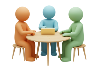 Isolated Meeting of three business people at wooden conference table brainstorming ideas