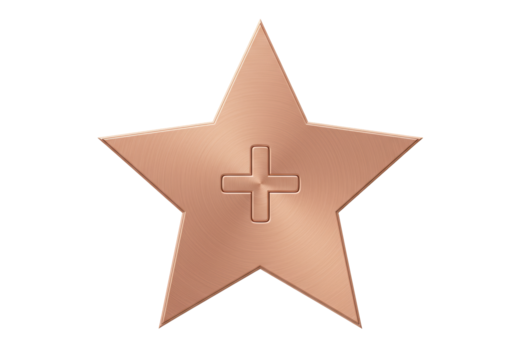 Isolated metallic copper star with plus sign adds elegance to design and conveys positivity