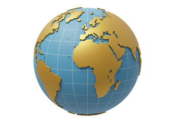 Isolated gold and blue planet Earth globe depicting Europe, Africa, and South America