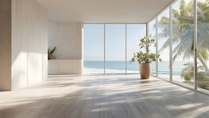 Fototapeta premium Scenic view of an empty contemporary room with large floor to ceiling glass windows overlooking a peaceful tropical ocean vista and natural wood flooring