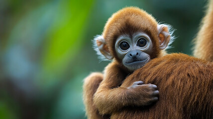 Fototapeta premium Baby monkey feeling safe in mother monkey lap