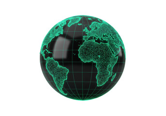 Isolated globe displays a digital world map with green continents and longitude, latitude lines