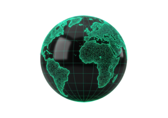 Isolated globe displays a digital world map with green continents and longitude, latitude lines