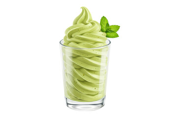 Isolated spiraled soft-serve ice cream in a transparent glass with fresh mint leaves