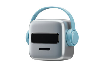 Isolated cute robot head wearing headphones for listening or gaming, metallic grey finish