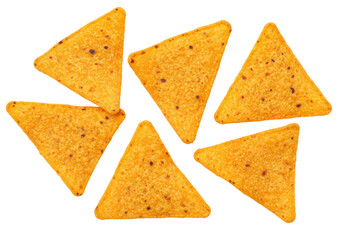 Isolated triangle-shaped crunchy tortilla chips or nachos, salty and cheesy flavor