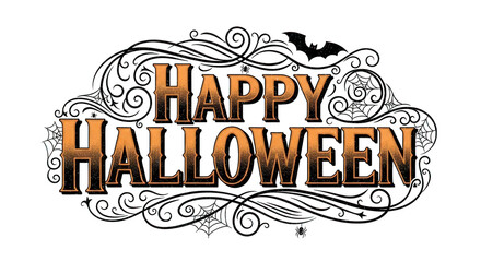 Vintage Happy Halloween text with bat isolated on transparent background