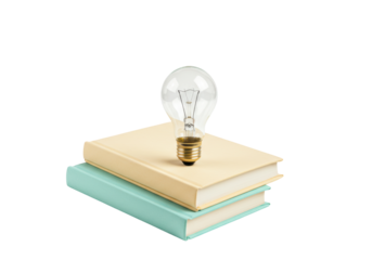 Isolated Light Bulb on Stacked Books Symbolizes Learning, Creativity and Innovation