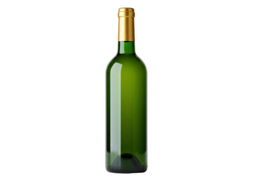 Isolated green wine bottle with gold foil top, full, unbranded, against a plain backdrop - Powered by Adobe