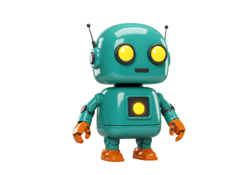 Isolated retro robot, cute cartoon character standing upright, orange and green, digital render - Powered by Adobe