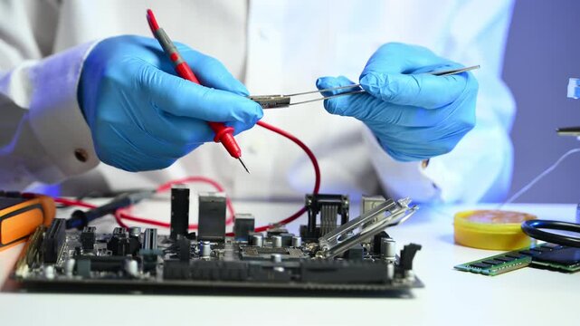 The technician repairing the motherboard in the lab with copy space. the concept of computer hardware, mobile phone, electronic, repairing, upgrade