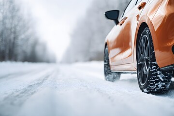 Close up of an orange car with winter tires driving on a snow covered road