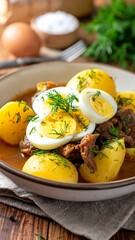 Hearty stew with potatoes, tender meat, and soft boiled eggs, garnished with fresh dill.