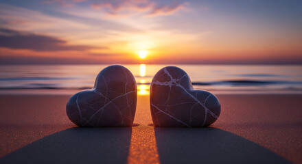 Two heart stones on beach at sunset capture romantic love and peace