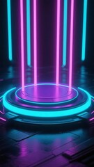 Futuristic neon-lit platform with glowing vertical beams in a dark environment