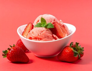 A bowl of refreshing strawberry sorbet, garnished with fresh mint leaves, sits on a vibrant crimson background.