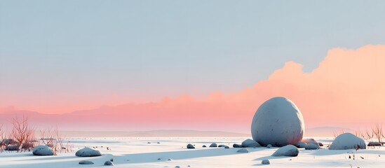 Surreal landscape featuring pink snow covered hills, a white sphere, and a setting sun in a dreamlike sky