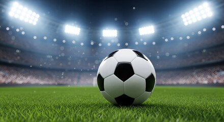 Fototapeta premium Iconic soccer ball on vibrant green pitch under stadium lights