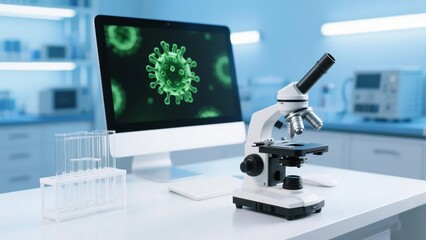 Microscope and computer displaying virus image in laboratory setting