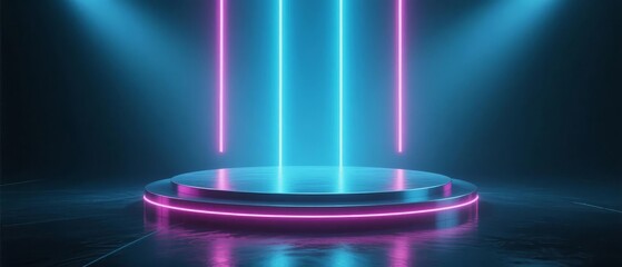 Neon-lit circular platform with vertical light beams in a dark studio environment