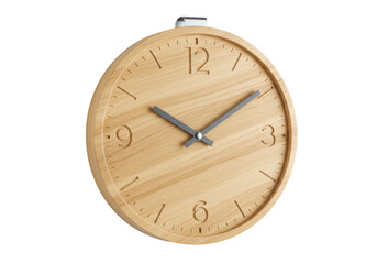 Isolated modern wooden clock with number indicators, a home decor item, time reading tool