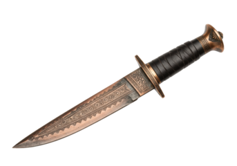 Isolated ornate dagger with a black leather wrapped handle with bronze accents and engraving