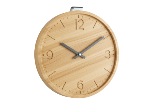 Isolated modern wooden clock with number indicators, a home decor item, time reading tool