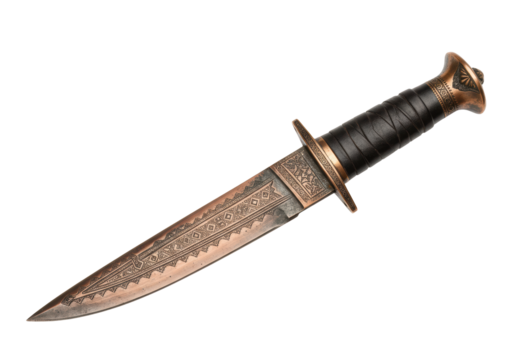 Isolated ornate dagger with a black leather wrapped handle with bronze accents and engraving