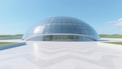 Modern dome-shaped building with glass facade and reflective surface under clear blue sky
