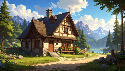 A picturesque chalet nestled in a verdant valley, bathed in sunlight, overlooks a serene lake and majestic mountains.