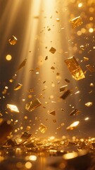 Golden fragments floating in radiant light with shimmering particles and reflective surface
