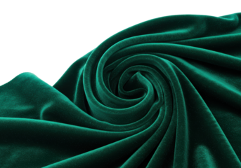 Isolated emerald green velvet textile with swirl pattern, rich, soft fabric, drapery