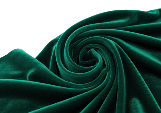Isolated emerald green velvet textile with swirl pattern, rich, soft fabric, drapery
