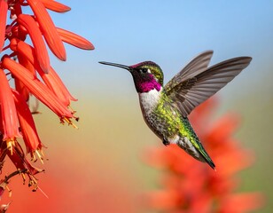 Vibrant hummingbird in flight, close-up view against a background of vivid red flowers, showcasing intricate details and a captivating natural scene.