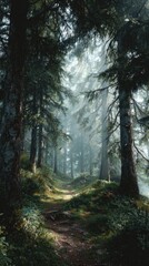 Obraz premium Misty forest path winding through dense evergreens, sunlight filtering through the canopy, creating a mystical, serene atmosphere