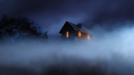 Halloween haunted house background with fog and eerie lighting