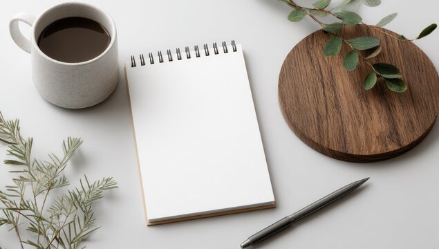 Flatlay of a blank spiral notebook, coffee mug, pen, and eucalyptus sprigs on a light grey surface. Minimalist aesthetic - Powered by Adobe