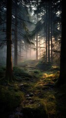 Fototapeta premium 朝の光が差し込む神秘的な森の風景。自然や癒しをテーマにした背景素材に最適な写真。