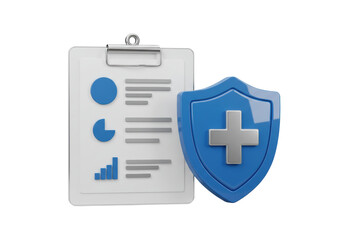 Isolated medical clipboard, insurance shield with cross, healthcare service protection concept